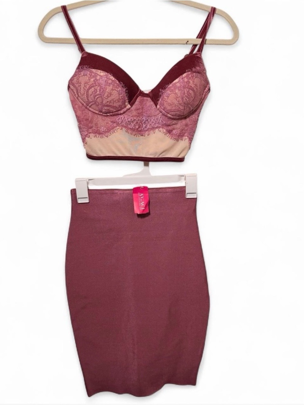 a'gaci Dusty Rose Lace Bustier and Pencil Skirt Set